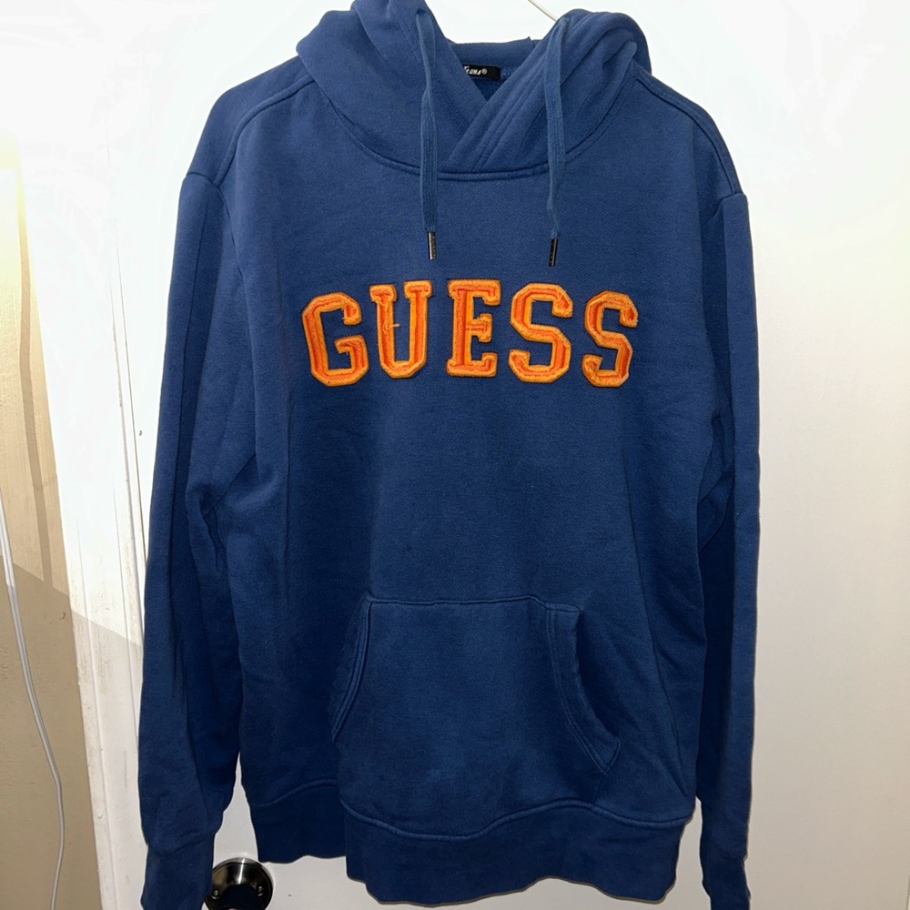 GUESS Men's Navy and Orange vintage Hoodie